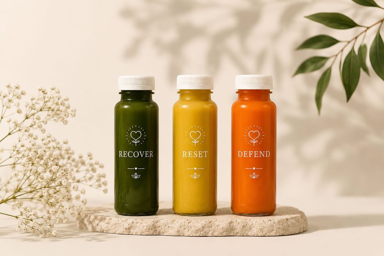 Las tres botellas de Alma Ritual: Recover, Reset y Defend sobre una piedra natural